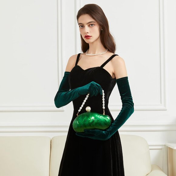 Acrylic Evening Clutch Purse for Women Dark Green Pearl Chain Chic Handbag - Picture 2 of 8